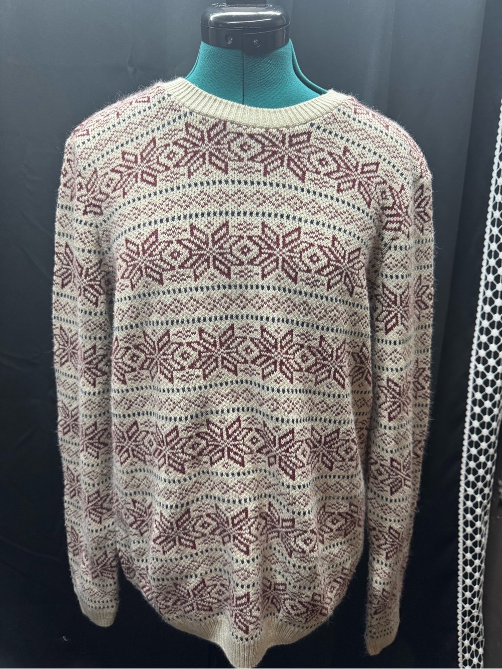 Topman Cream and Burgundy Fair Isle Crewneck Sweater